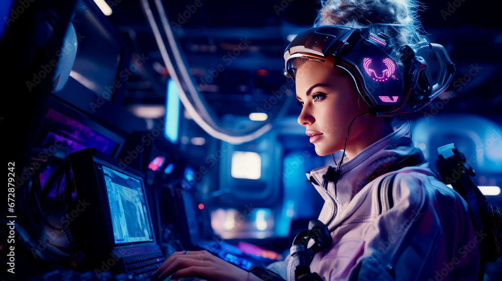 Woman wearing headphones and using laptop computer in space station.