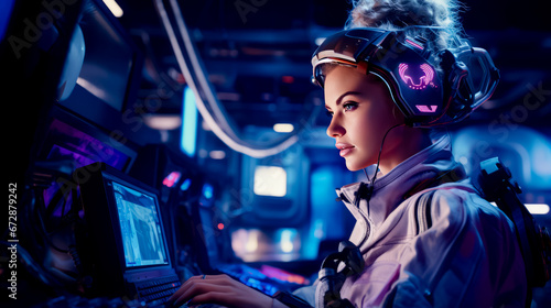 Woman wearing headphones and using laptop computer in space station. © Констянтин Батыльчук