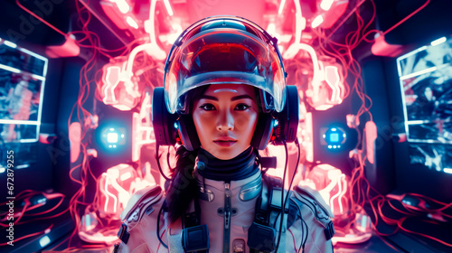 Woman in space suit with headphones and helmet is standing in front of neon lights.