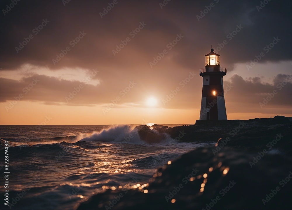 A lighthouse shining on a stormy and wavy day
