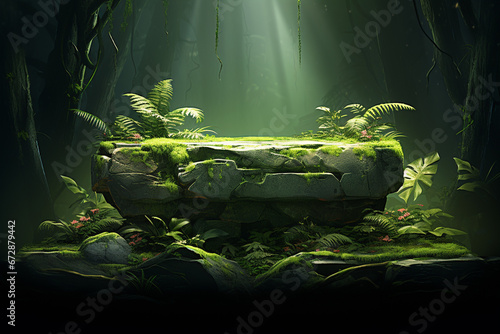 Mossy podium in tropical forest for product presentation