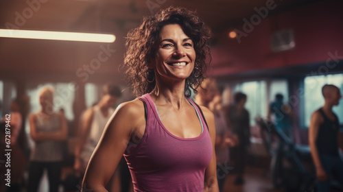 Middle-Aged Woman Smiling While Standing in a gym