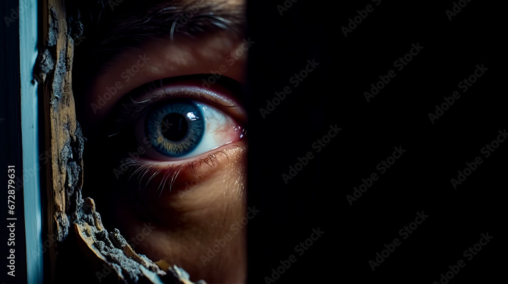 Close up of person's eye looking through piece of wood.