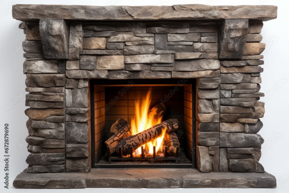Burning classic Stone fireplace, Isolated on white. background