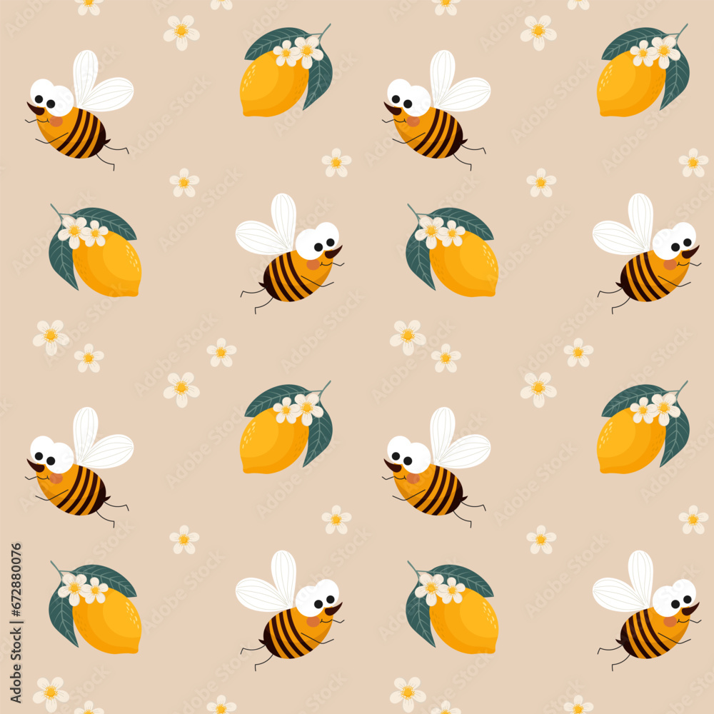 Seamless pattern, cute cartoon bees, lemons and flowers on a delicate background. Cartoon baby print, textile, wallpaper, children's bedroom decor. Seamless pattern, cute cartoon bees, lemons and flowers on a delicate background. Cartoon baby print, textile, wallpaper, children's bedroom decor.