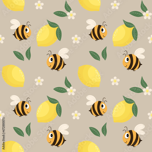 Seamless pattern, cute cartoon bees, lemons and flowers on a delicate background. Cartoon baby print, textile, wallpaper, children's bedroom decor. © Tatiana