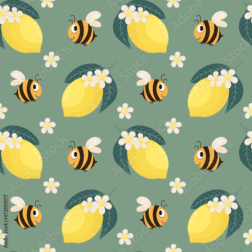 Seamless pattern, cute cartoon bees, lemons and flowers on a delicate background. Cartoon baby print, textile, wallpaper, children's bedroom decor.
