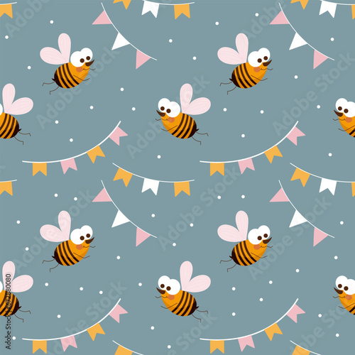 Seamless pattern, cute cartoon bees and festive garlands with flags on a delicate background. Cartoon baby print, textile, children's bedroom decor. © Tatiana