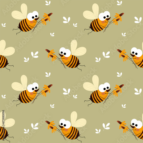 Seamless pattern, cute cartoon bees, flowers and leaves on a delicate background. Cartoon baby print, textile, children's bedroom decor. © Tatiana
