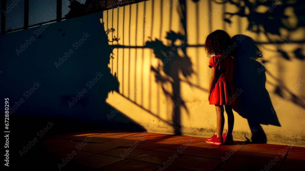 Little girl standing in front of wall with shadow of plant on it.