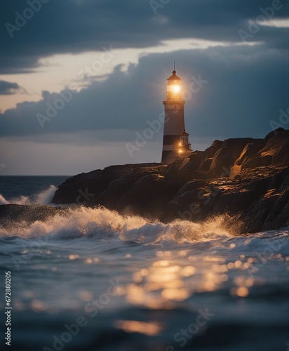A lighthouse shining on a stormy and wavy day 