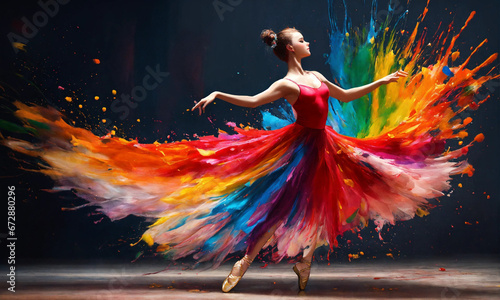 a dancing ballerina looking as if she was made of spilling paints of various colors  Colorful