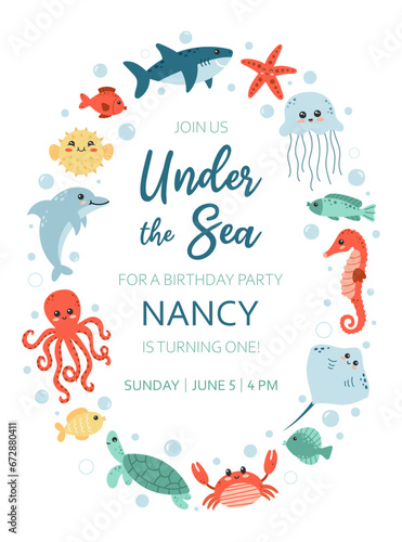 Birthday invitation party under the sea. Invitation card with cute sea life elements. Ocean ​​animals character. Cartoon vector illustration