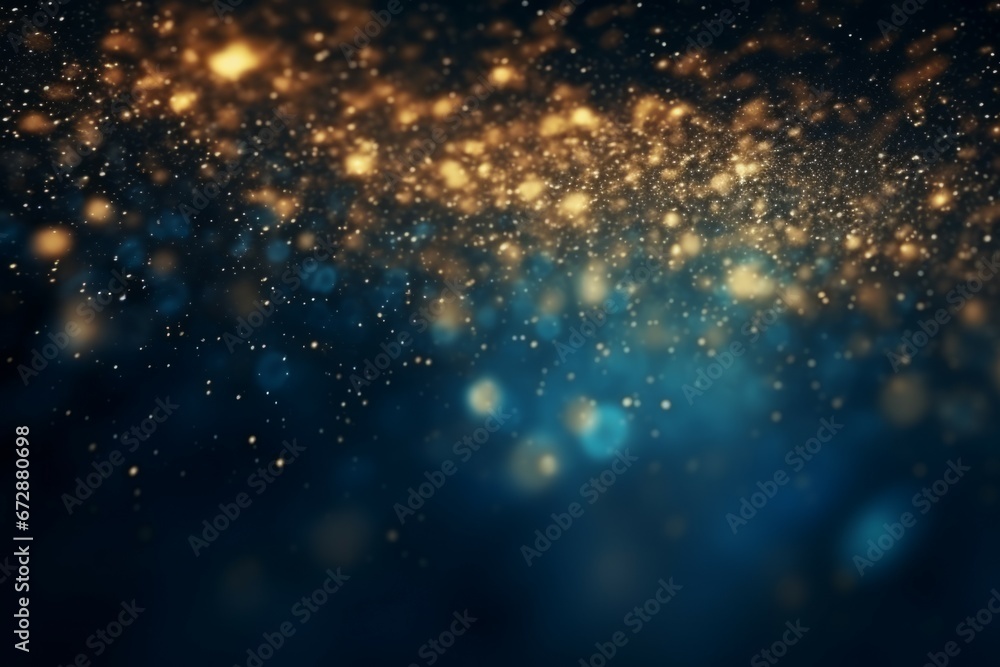 Bokeh Glitter vintage lights background. Blue, gold and black