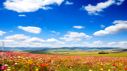 field of flowers under blue sky landscape wallpaper