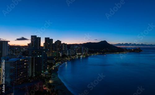 Scenic aerial panoramic Waikiki Beach vista at sunrise, Honolulu, Oahu, Hawaii