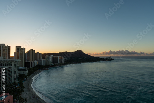 Scenic aerial panoramic Waikiki Beach vista at sunrise, Honolulu, Oahu, Hawaii
