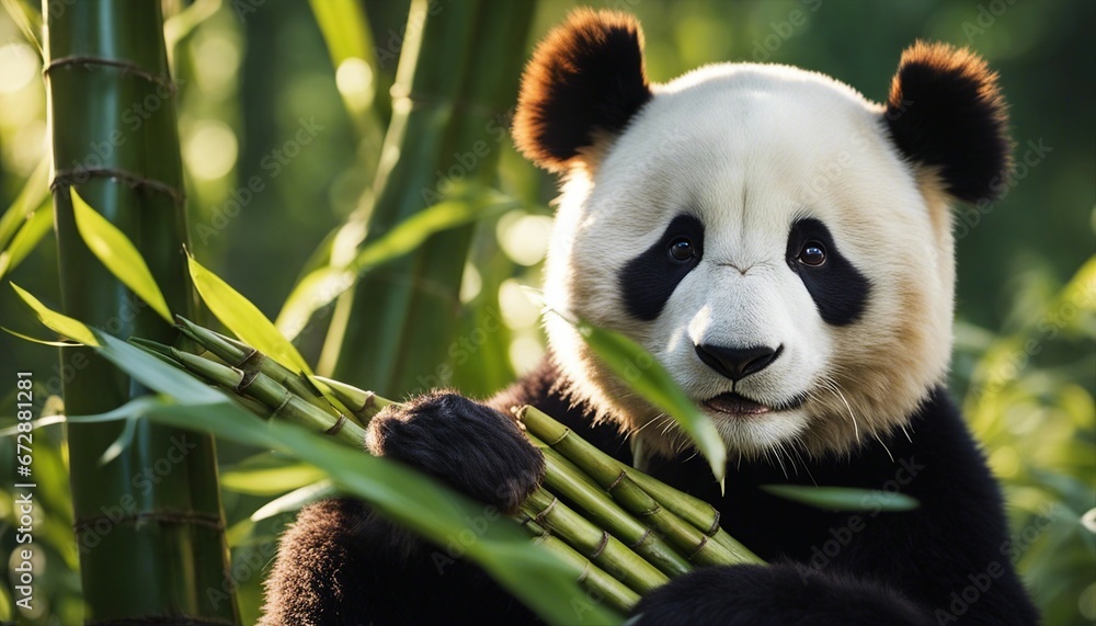 Fototapeta premium giant panda eating bamboo in the forest 