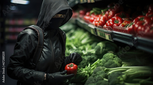 A woman steals vegetables in a grocery store. photo