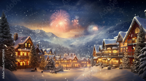 winter landscape with snow winter city house village christmas tree in the snow christmas tree decoration New Year's holiday celebration desktop wallpaper