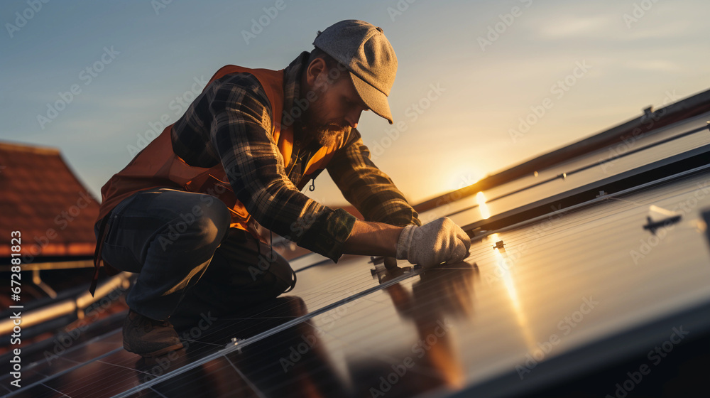 Solar Power Engineer Installing Solar Panels on the Roof of a House Solar Power Engineer Installing Solar Panels on the Roof of a House