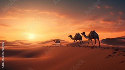 Camel Herd Silhouetted Against Orange Sunset Sky in Desert Landscape © Tida