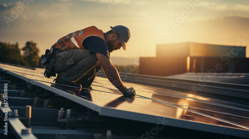 Solar Power Engineer Installing Solar Panels on the Roof of a House
