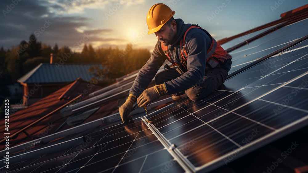Solar Power Engineer Installing Solar Panels on the Roof of a House Solar Power Engineer Installing Solar Panels on the Roof of a House