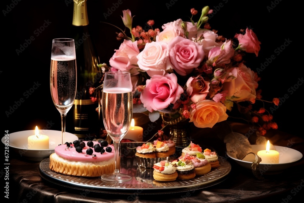 Floral Elegance Meets Bubbly Delight: Champagne and Flowers Grace the Table, Marking a Joyful Celebration where Happiness Blossoms and Laughter Abounds
