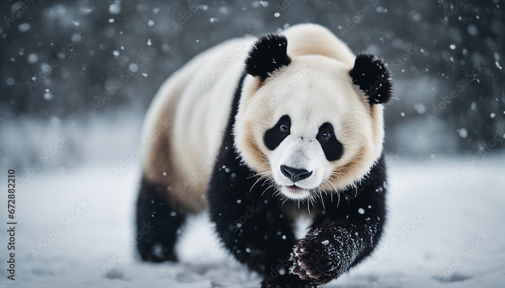 portrait of a cute panda bear running in heavy snow
portrait of a cute panda bear running in heavy snow