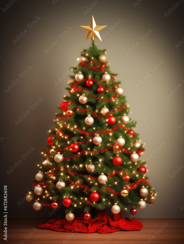 Christmas tree with red baubles and golden star against grey vignette Christmas tree with red baubles and golden star against grey vignette
