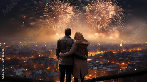 Ein Paar sieht das Silvester Feuerwerk über einer Stadt