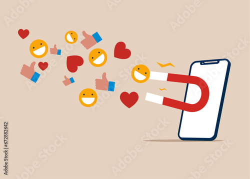 Financial success and growth in online. Using magnet to draw social media emoji interaction. Flat vector illustration