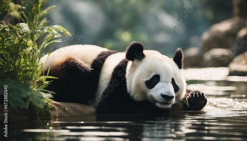 portrait of a lazy panda sleeping on a tree branch 