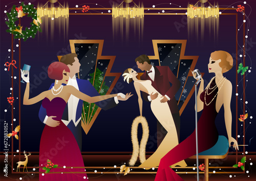 Woman in a vintage dress with a retro microphone at the window. The singer s performance at the New Year s holiday. People are dancing. Concept for holiday, winter holidays, New Year, Christmas