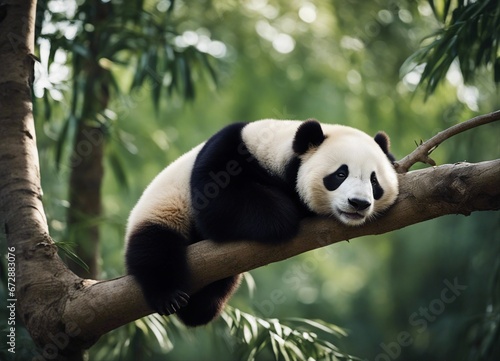 portrait of a lazy panda sleeping on a tree branch  © abu