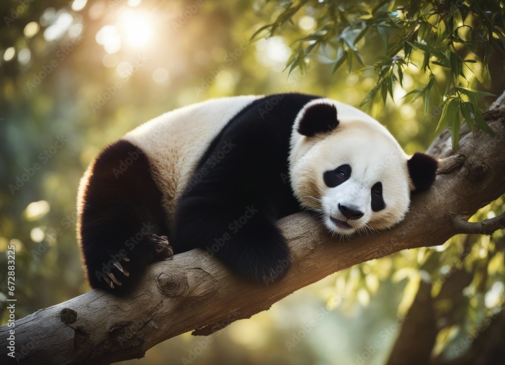Obraz premium portrait of a lazy panda sleeping on a tree branch 