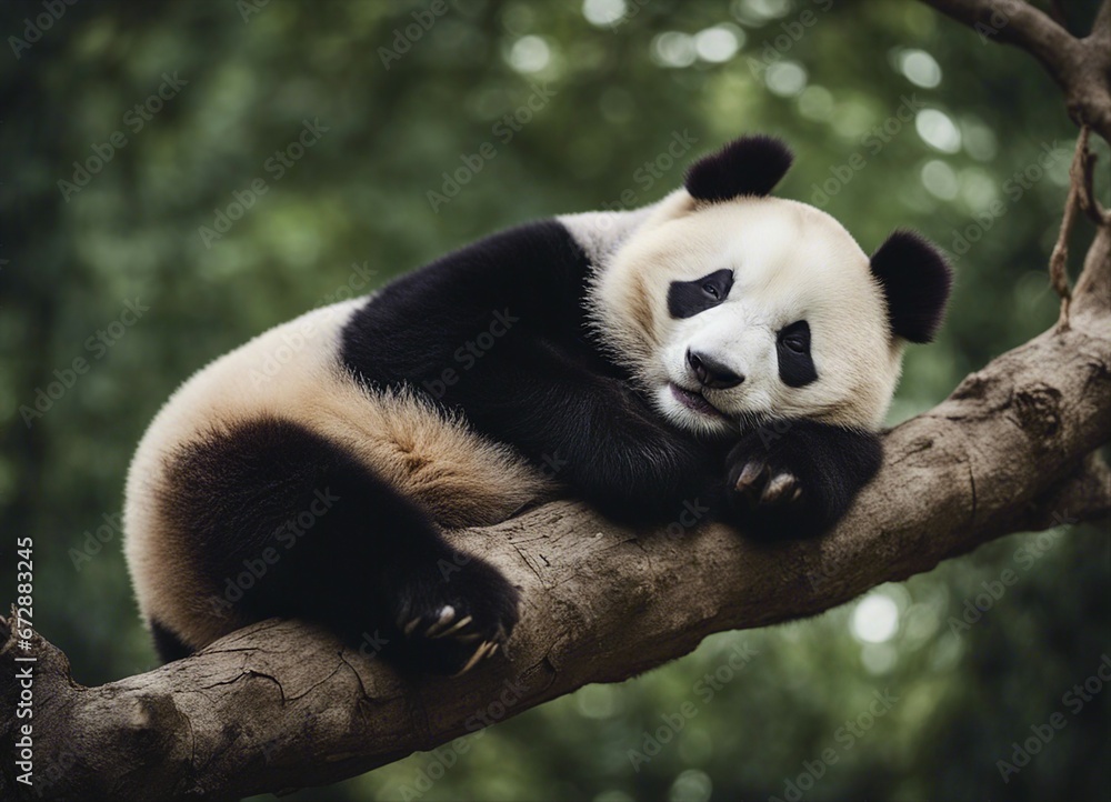Fototapeta premium portrait of a lazy panda sleeping on a tree branch 