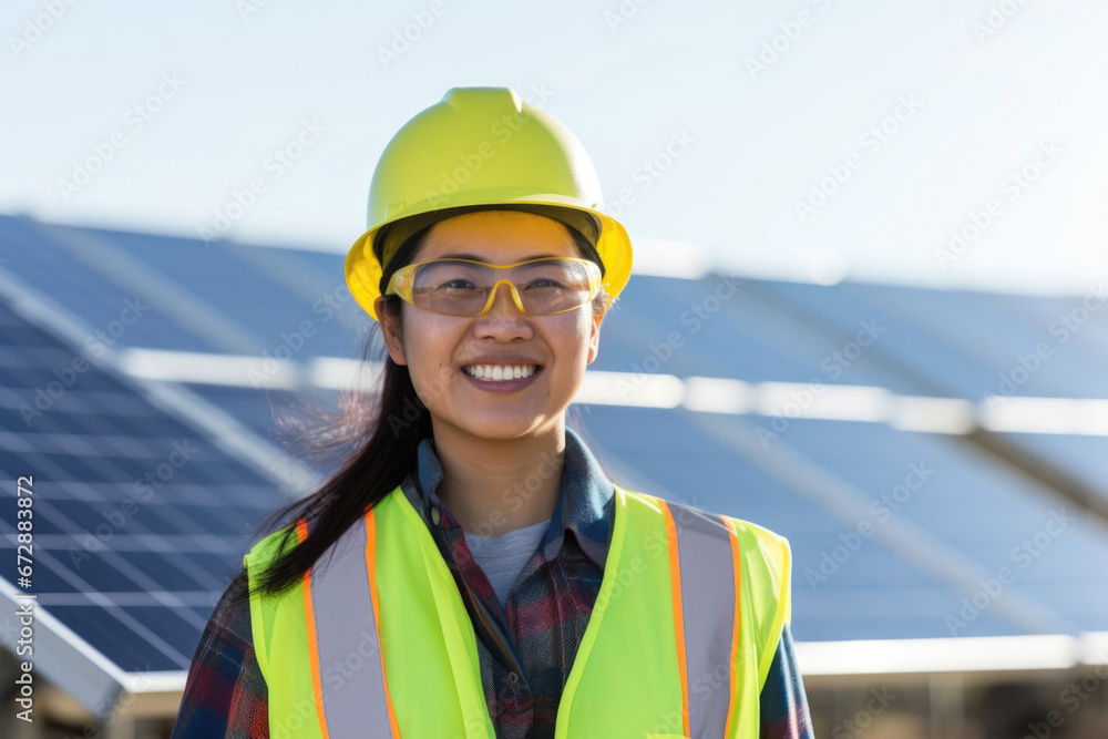 Smiling woman engineer standing in front of solar array Smiling woman engineer standing in front of solar array