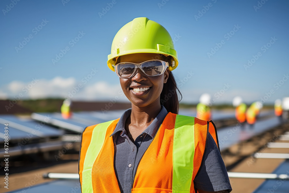 Smiling woman engineer standing in front of solar array Smiling woman engineer standing in front of solar array