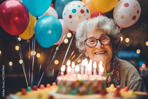 Cheerful senior woman celebrating her birthday. Grandma looking at birthday cake with lit candles, colorful balloons on background