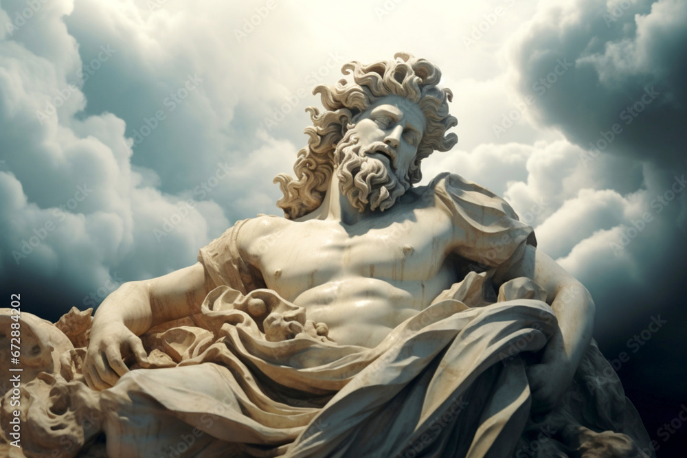 Marble Statue of Ancient Greek God with Angels. Classic Sculpture. Cloudy Sky Background. Greek Baroque Art, Renaissance Art. AI Generative