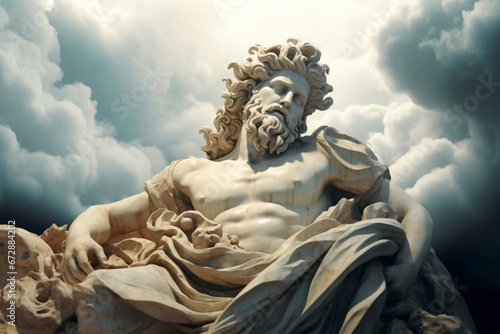 Marble Statue of Ancient Greek God with Angels. Classic Sculpture. Cloudy Sky Background. Greek Baroque Art, Renaissance Art. AI Generative photo