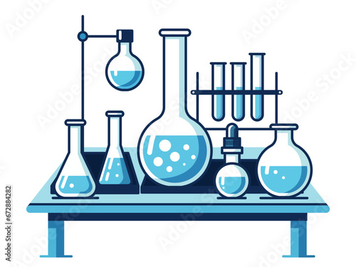 Chemistry laboratory setup, variety of glassware, petri dish, dropper vector illustration, Chemistry lab glass equipment setup stock vector image