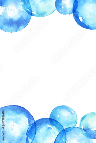 Blue watercolor soap bubbles frame over white background. Hand drawn watercolour background