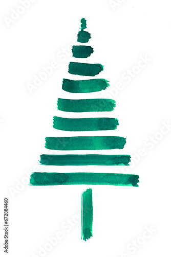 Watercolor green Christmas fir tree, decorative winter holidays design element. Hand drawn watercolour art illustration isolated on white