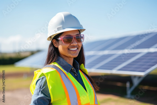 Smiling woman engineer standing in front of solar array © Grafx Studios