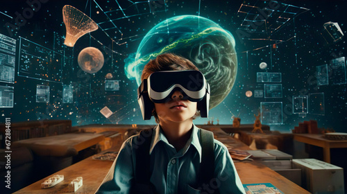 Surprised schoolboy boy pupil with VR glasses studying at classroom. Simulation science. Student uses a virtual reality headset to study. Futuristic lifestyle learning astronomy and planets. Virtual