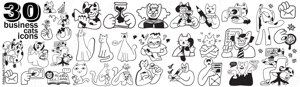 set of cat characters in vector. business icon in doodle style. linear illustration infographics. Template for logo sticker poster icon app website. Business icon series set of cat characters in vector. business icon in doodle style. linear illustration infographics. Template for logo sticker poster icon app website. Business icon series