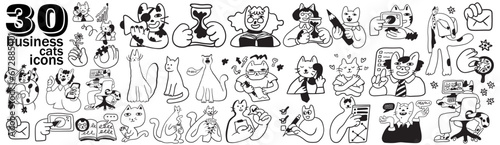 set of cat characters in vector. business icon in doodle style. linear illustration infographics. Template for logo sticker poster icon app website. Business icon series